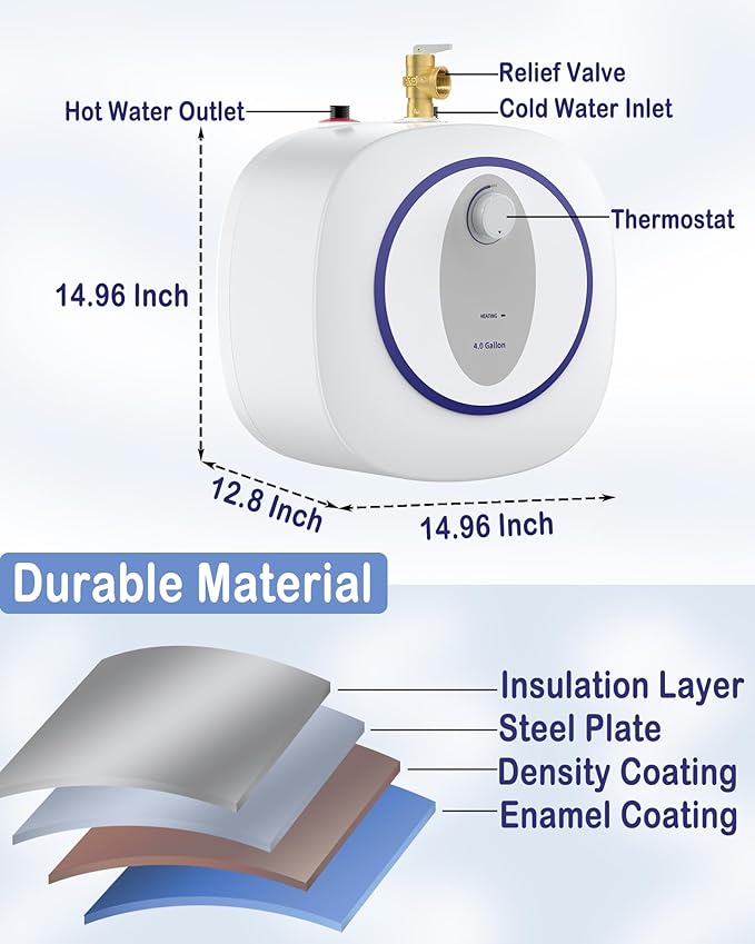 Electric Mini Tank Water Heater, 4-Gallon Instant Hot Water Heater, 120V 1440W, Rapid Heating, Easy to Install, Under Sink, Floor Mounted, Kitchen, Bathroom and RV