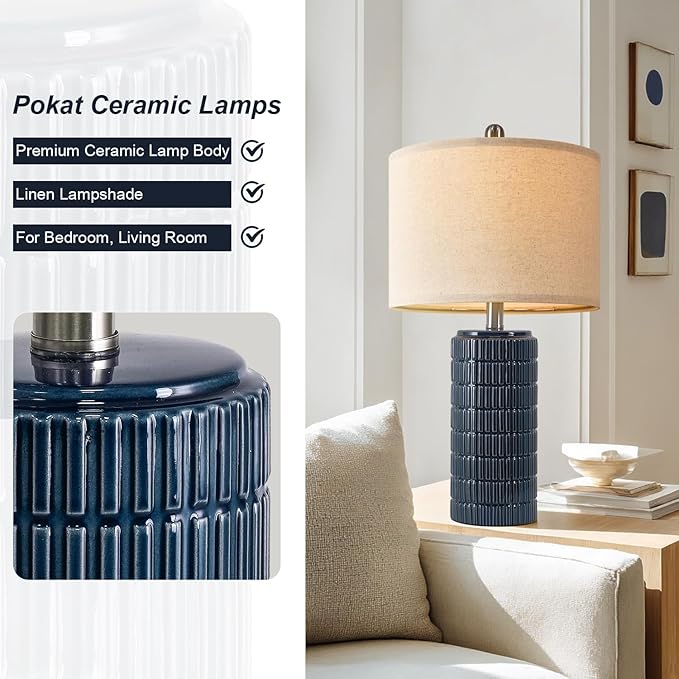 PoKat 24" Modern Ceramic Table Lamps Set of 2 for Bedroom, Blue Bedside Lamps for Night Stands, Farmhouse Desk Decor Nightstand Table Lamps for Living Room End Table Dark Blue
