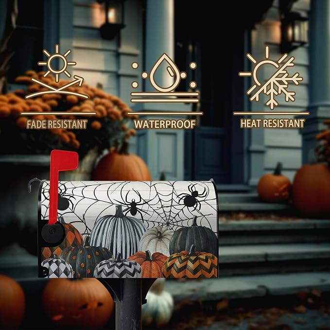 Halloween Magnetic Mailbox Covers Overszied Fall Pumpkin Spiders Mailbox Cover Large Size Spooky Halloween Mail Box Post Cover 25.5 X 21 Inch Seasonal Decor for Outdoor Garden Yard