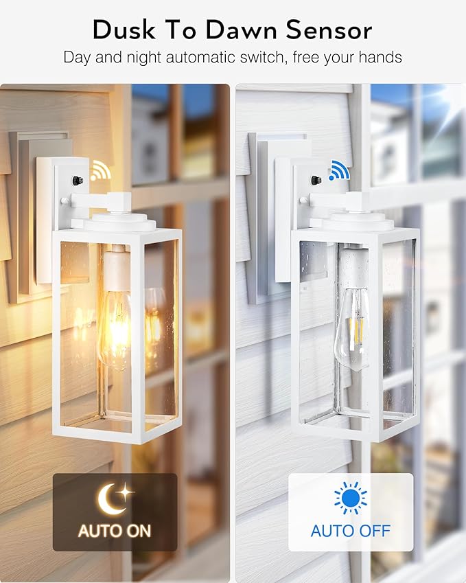 VIANIS Dusk to Dawn Outdoor Lighting, 2-Pack Large Size White Exterior Light Fixtures with Tempered Seed Glass, Waterproof Outdoor Wall Light Fixture, Anti-Rust Porch Lights Outdoor for Porch, Garage