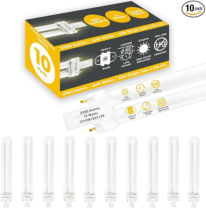 GoodBulb 13 Watt CFL Light Bulbs 2 Pin GX23 Base 2700K Soft White 13W High Output 800 Lumens Single Tube Compact Fluorescent Light Bulbs Plug-in 10 Pack