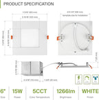 ASD 6 Pack LED Recessed Square Ceiling Light 6 Inch with Round Back, 5 CCT 2700K-5000K, Ultra-Thin Dimmable Wafer Lights with Junction Box, 15W 1266LM Canless Recessed Lighting, Slim LED Downlight, UL