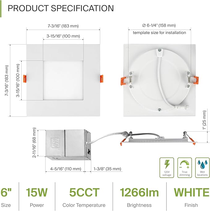 ASD 6 Pack LED Recessed Square Ceiling Light 6 Inch with Round Back, 5 CCT 2700K-5000K, Ultra-Thin Dimmable Wafer Lights with Junction Box, 15W 1266LM Canless Recessed Lighting, Slim LED Downlight, UL