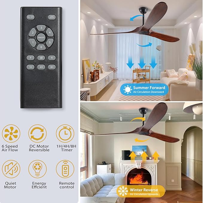 60" Ceiling Fan, No Light & Remote Control - Quiet 3 Blade Wood Walnut, Suitable for Patios & Farmhouse