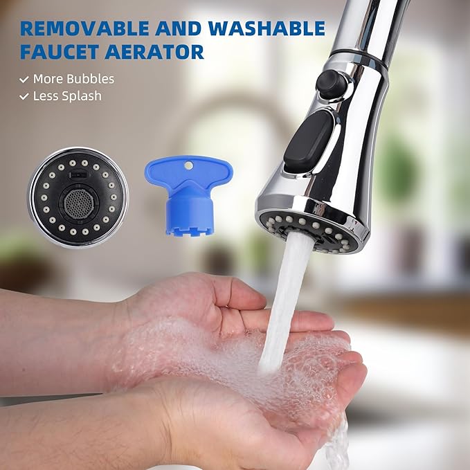 Hibbent Pull Down Kitchen Faucet Head Replacement, NSF/ANSI/CAN 61 & CUPC Certified 3-Function Sink Spray Nozzle with 15 Adapters Compatible with Moen, Delta, Kohler Faucets, Chrome