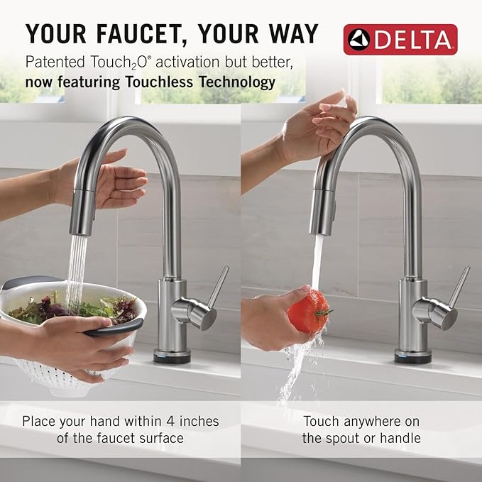 Delta Trinsic Touchless Kitchen Faucet with Touch Technology, Brushed Nickel Kitchen Sink Faucet with Pull Down Sprayer, Single Hole, Arctic Stainless 9159TL-AR-DST