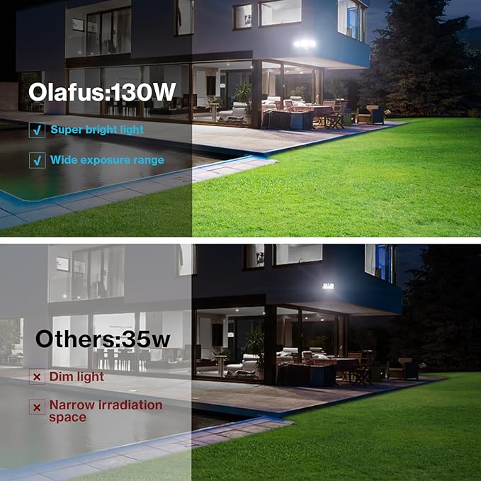 Olafus 130W Flood Lights Outdoor, 13000LM Super Bright LED Flood Light, IP65 Waterprooof Outdoor Flood Light Fixture, 3 Adjustable Heads, 6500K Exterior Security Lights for Yard, Garage, Black
