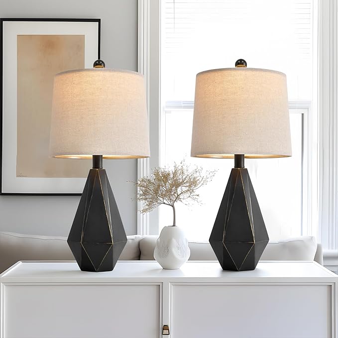 PoKat 20.25'' Table Lamps Set of 2, Bedside Lamp for nightstand, Small Farmhouse Lamps for Bedroom, Black Bedroom Lamps for Living Room, Nursery, Black, Suitable for Small Place