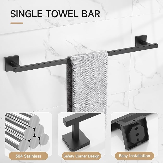TQKAG 5-Piece Matte Black Bathroom Hardware Set Classic Wall Mounted Bathroom Accessories Set SUS304 Stainless Steel Towel Bar Sets 23.6" Towel Rack for Bathroom Towel Holder Set,Black