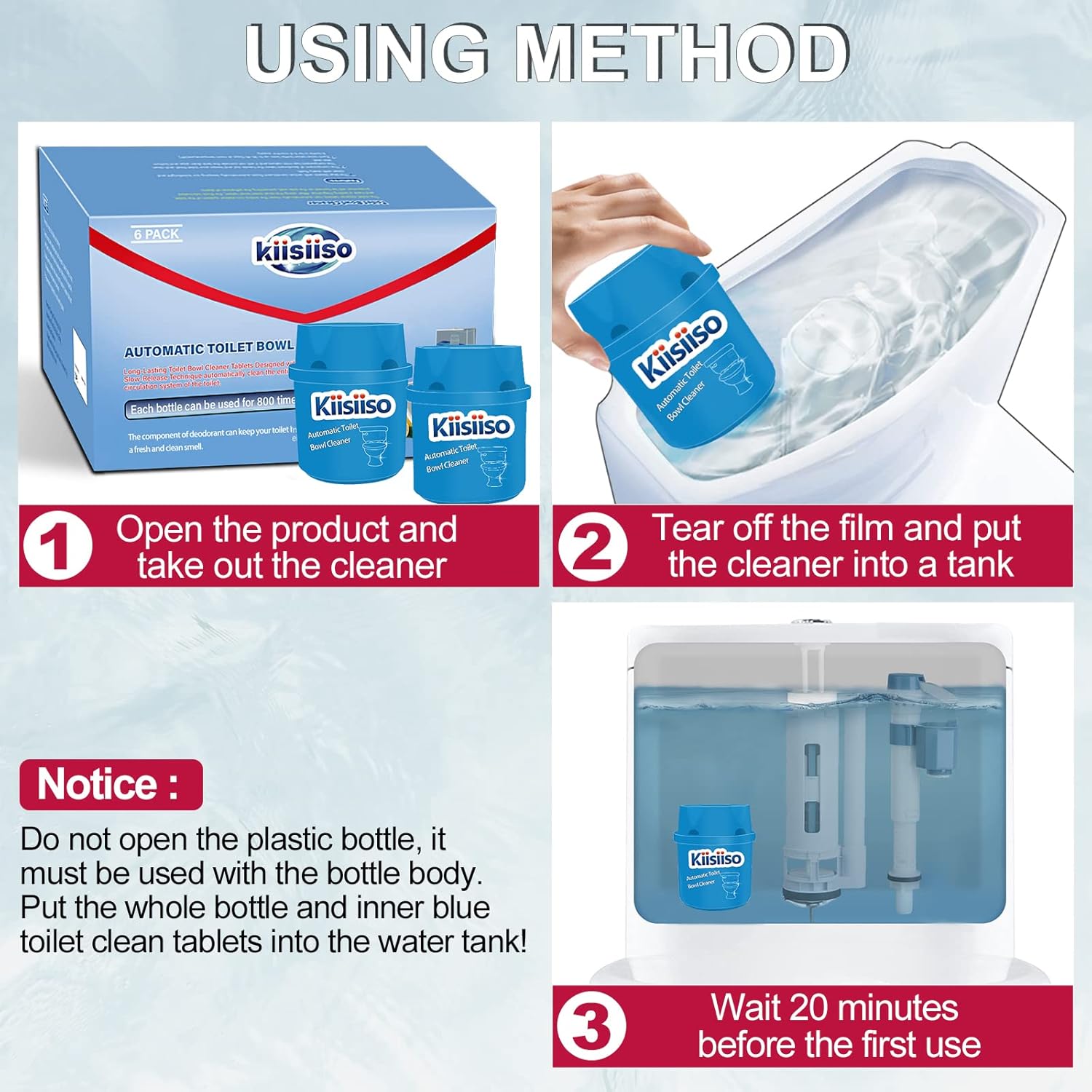 KIISIISO Toilet Bowl Cleaners 6 Bottles, Automatic Long-Lasting Toilet Bowl Cleaner Tablets in Bottle,for About 6 Months' Supply, Blue