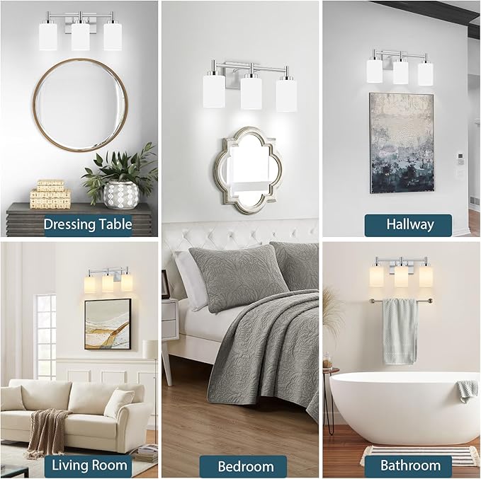 3-Light Brushed Nickel Bathroom Light Fixtures Over Mirror, Rustproof Brushed Nickel Vanity Light, Modern Bathroom Vanity Lights with Milky White Glass Shades, Wall Sconces for Bathroom Lighting