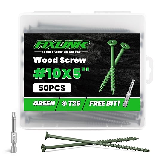 Wood Screws 5 Inch, FIXLINK Deck Screws #10 x 5, 50 PCS, Epoxy Coated, T25 Star Bit Above 1500 Hour Salt Spray Coating Outdoor Decking Screws Excellent Rust Resistant for Wood Fence, Green