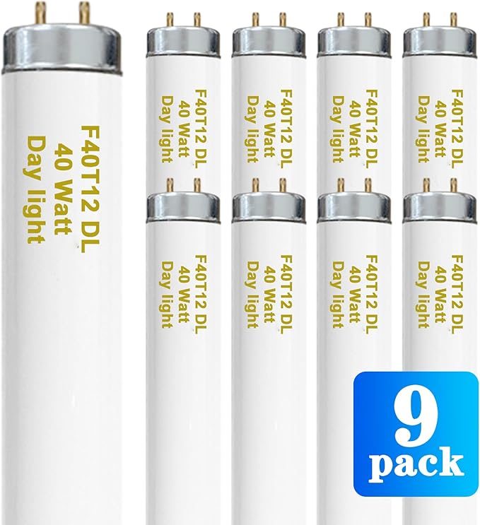 T12 48 Inches 40 Watt Fluorescent Tube, F40T12/865 Light Bulb, 6500K Daylight, 3050 Lumens, 4ft Fluorescent Bulb, G13 Bi-Pin Base 9 Count