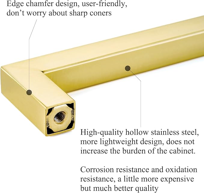 10 Pack Brushed Gold Cabinet Handles 3 3/4 Inch Hole Centers Square Cabinet Pulls Brass Plated Stainless Steel Kitchen Cabinet Handles Gold Hardware for Cabinets Drawer Pulls