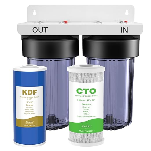 SimPure Whole House Water Filter System, 2 Stages Clear Home Water Pre-Filtration with Carbon and KDF Filters, Reduce Iron, Chlorine, Manganese, Lead, Heavy Metals, 1" NPT Brass Port(DB10C-2KDF)