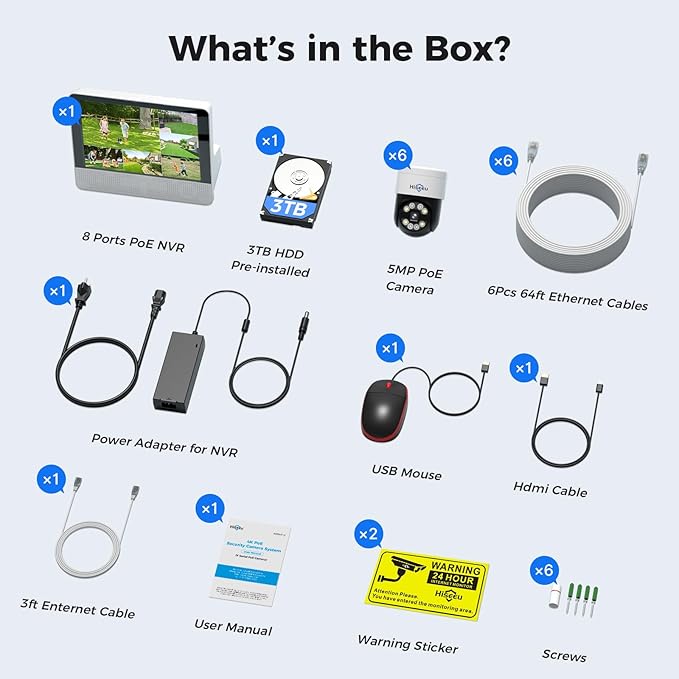 【12’’ Monitor + Human Tracking】Hiseeu 4K PoE Security Camera System, 6Pcs 5MP PoE PTZ Security Cameras, All-in-One Monitor, 2-Way Audio, Remote Access, 8MP 16 Channel P oE NVR, Home CCTV Surveillance