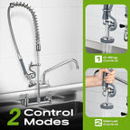 Commercial Sink Faucet with Sprayer 36" Height, 8 Inch Center Wall Mount Kitchen Sink Faucet with Down Pre-Rinse Sprayer and 12" Add-on Swing Spout
