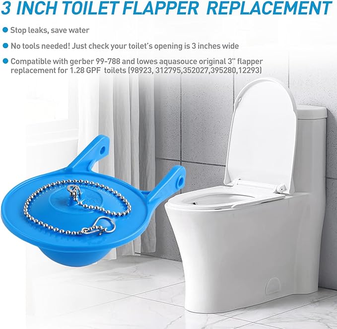 Toilet Flapper Replacement Kit - Premium Silicone Toilet Flusher Replacement Kit with Steel Chain, Universal American Standard Toilet Stopper Flapper 3 Inch, Fits for Various Toilet Types, Blue,1PCS
