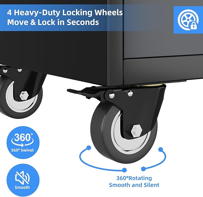 Metal Garage Storage Cabinet with 2 Drawers and 2 Adjustable Shelves, Rolling Tool Storage Cabinet with Wheels and Locking Doors for Garage, Warehouse, Black and Dark Gray