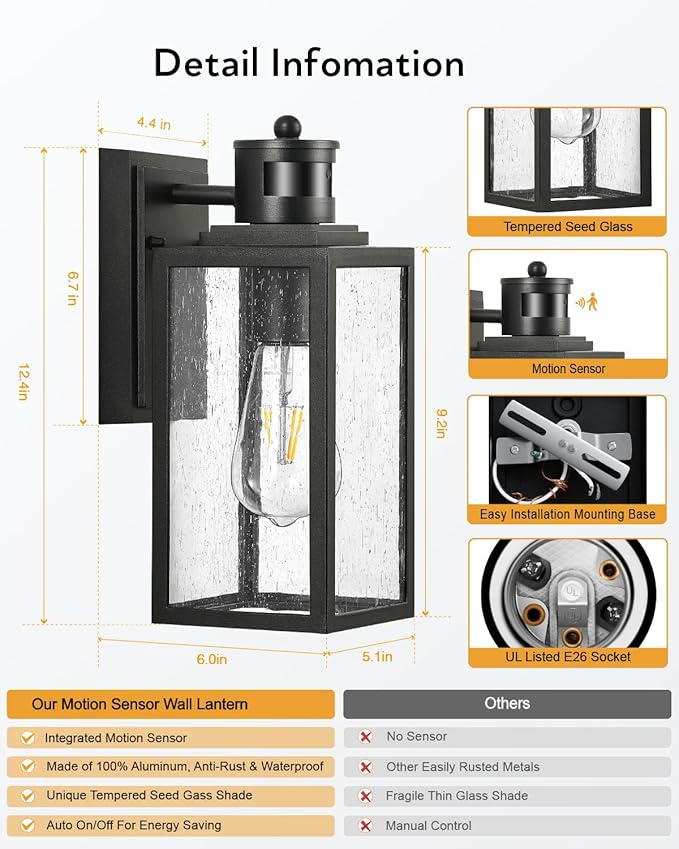 VIANIS Exterior Wall Lights for House, Motion Sensor Porch Light Outside, Black Outdoor Sconce Lighting Fixtures Wall Mount, Modern Outdoor Wall Lantern Lamps with Seeded Tempered Glass for Garage