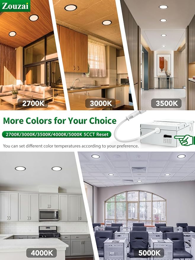 zouzai 8 Inch Black 18W Eqv 150W 1685LM 5CCT Ultra-Thin LED Recessed Ceiling Light with Junction Box 2700K/3000K/3500K/4000K/5000K Selectable, Dimmable ETL and Energy Star Certified【6 Pack 】