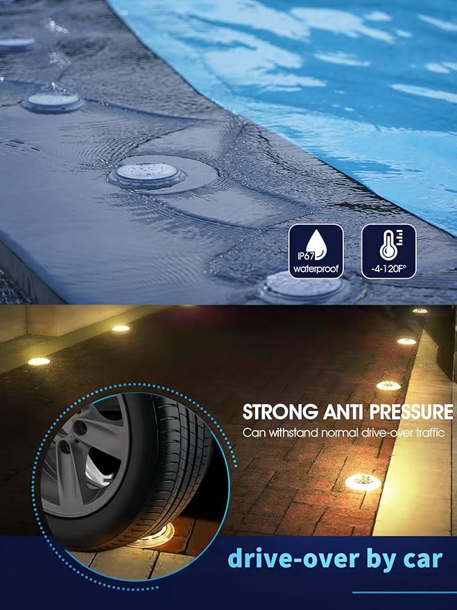 Solar Dock Lights, Super Bright Disc LED Outdoor Waterproof, Anti-Slip & Anti-Trip Flat Low Profile for Marine, Deck, Ground, Pool, Pier, Pathway, Step (Warm White, 2Pack)