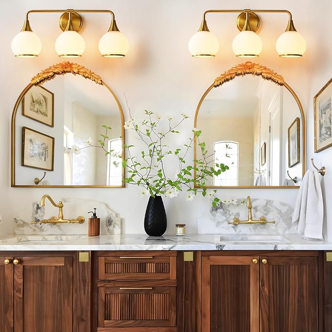 Brushed Gold Bathroom Light Fixtures 3-Lights Vanity Lights with Milky White Frosted Glass Shade Bathroom Vanity Light 22.4 inch Wall Sconce Lighting Bath(Exclude E26 Bulb)