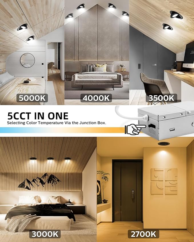 Adetu 4 inch 5CCT Gimbal Black Led Recessed Lights, 360°+90° Adjustable Directional Recessed Lighting, 2700K/3000K/3500K/4000K/5000K Dimmable Retrofit Eyeball Can Lights with Jbox, ETL（Black, 6 Pack）