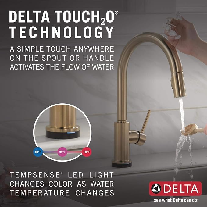 Delta Trinsic Brushed Gold Touch Kitchen Faucet with Pull Down Sprayer, Modern Single Hole Touch On Kitchen Sink Faucet, Single Handle, Champagne Bronze 9159T-CZ-DST