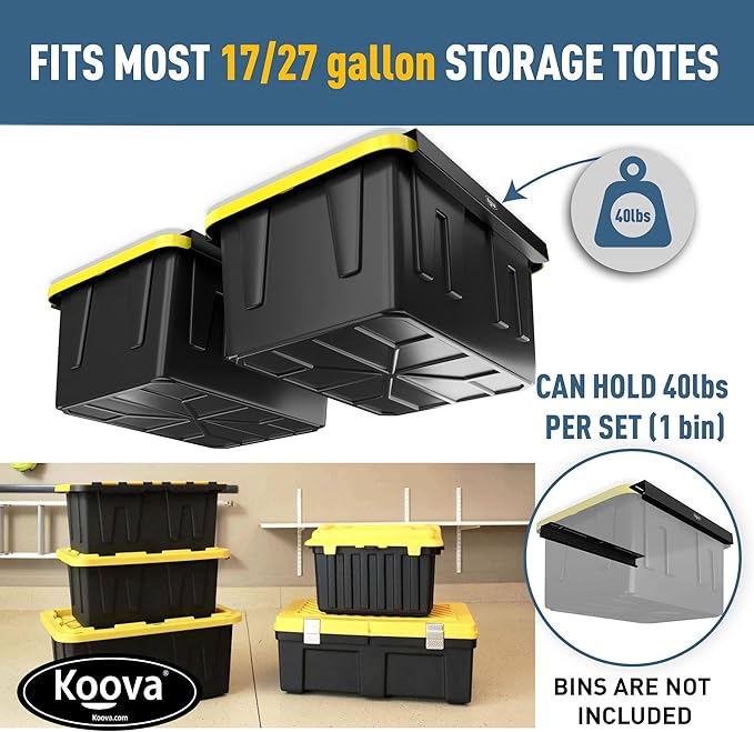 Koova Heavy-Duty Overhead Garage Storage Rack for 2 Bins. Adjustable Width, 80lb Capacity. DIY Safe Ceiling Mount, Easy Install. Fits 27-Gallon Totes. USA Made Pro-Grade Steel. Space Saving Organizer