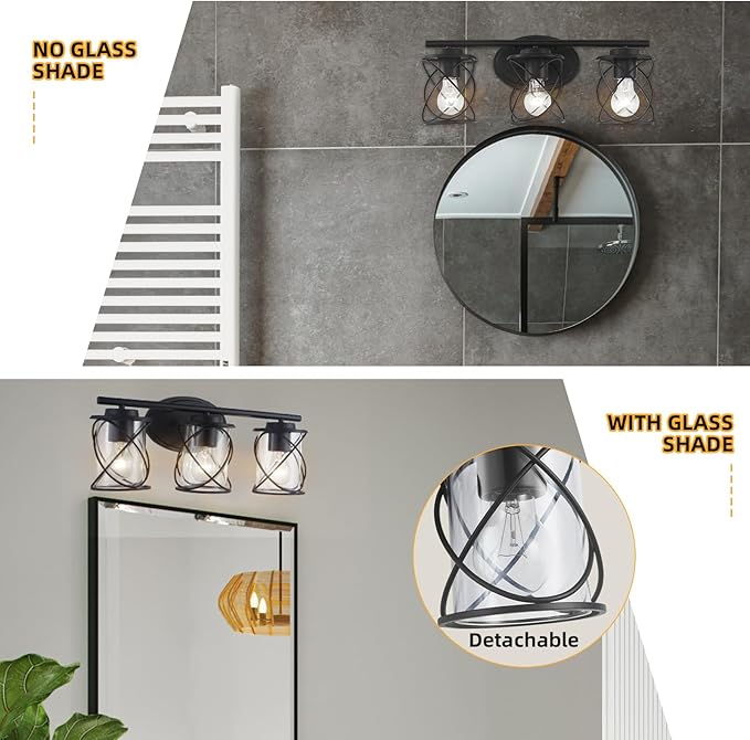 MAVCADONF 3-Lights Matte Black Cage Shade Modern Bathroom Vanity Light Fixtures Over Mirror, Bathroom Wall Lamp for Mirror, Kitchen, Bedroom