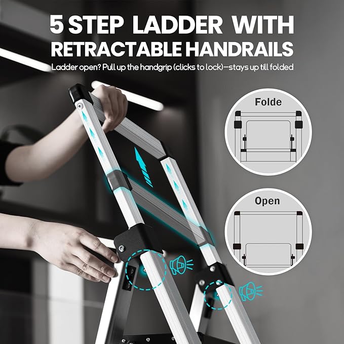 XinSunho 5 Step Ladder, Aluminum Folding Stool with Retractable Handrails & Tool Tray, Anti-Slip, Sturdy Lightweight, 330lbs Safety for Kitchen Indoor Outdoor