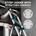XinSunho 5 Step Ladder, Aluminum Folding Stool with Retractable Handrails & Tool Tray, Anti-Slip, Sturdy Lightweight, 330lbs Safety for Kitchen Indoor Outdoor