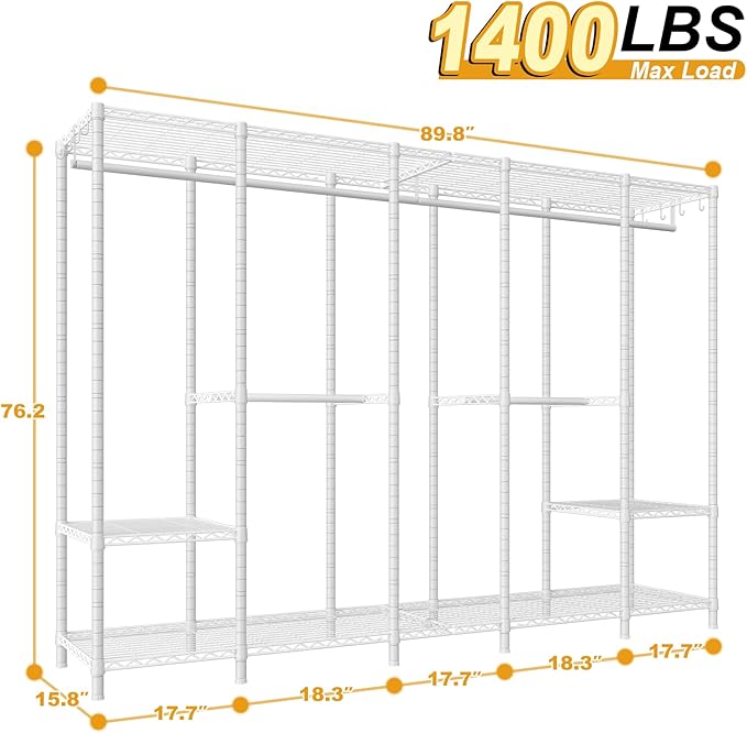 Ulif H50 Extra Large Clothes Rack, Heavy Duty Garment Rack, Freestanding Portable Closet, Clothing Racks for Hanging Clothes, Wardrobe Closet 89.8'' W x 15.8" D x 76.4" H, Max Load 1400 Lbs, White