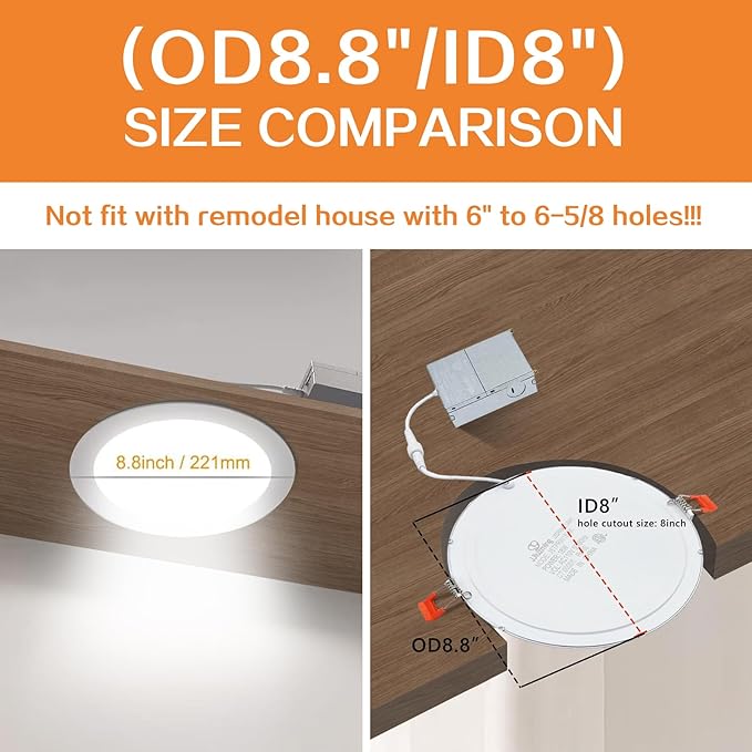 8 Inch LED Recessed Light,18W 6000k Daylight,No Dimmable,6Pack Ultra Thin LED Recessed Lighting with Junction Box. 8" Recessed Ceiling Wafer Canless Fixtures .Slim Can-Killer Lights,CRl90+