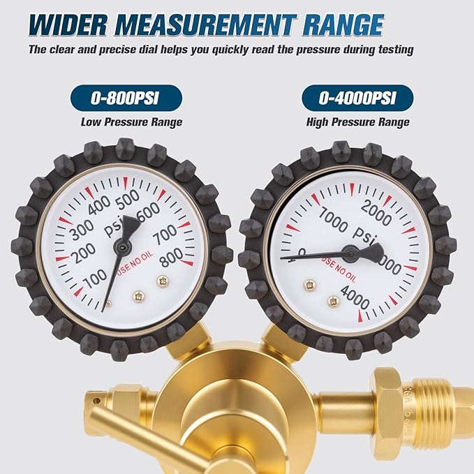 Nitrogen Regulator, 0-800PSI Nitrogen Regulator HVAC with CGA580 Inlet, 1/4" Male Flare Outlet Connection, Nitrogen Tank Regulator for HVAC Purging, Leak Checking, Pressure Testing, Welding