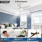 52 Inch Ceiling Fans with Lights, Remote Control 5 Blade Ceiling Fan for Bedroom Living Room Kitchen,24W 3CCT Dimmable, Dual Color 6 Speed Reversible Quiet DC Motor White/Wood Grain