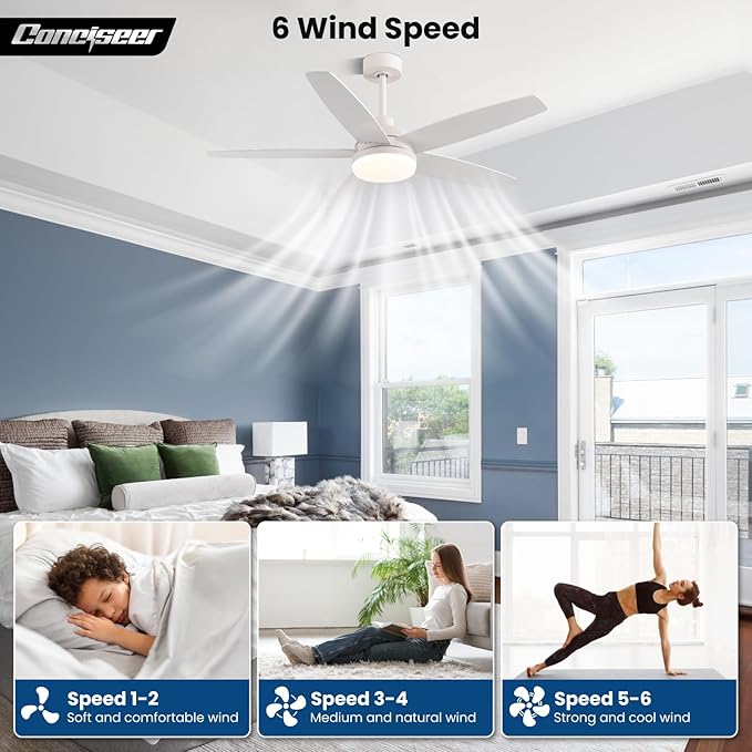 52 Inch Ceiling Fans with Lights, Remote Control 5 Blade Ceiling Fan for Bedroom Living Room Kitchen,24W 3CCT Dimmable, Dual Color 6 Speed Reversible Quiet DC Motor White/Wood Grain