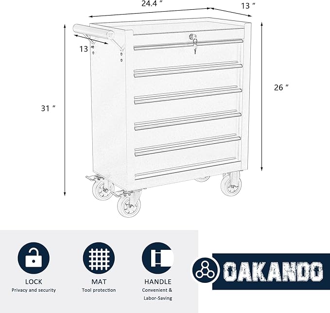 5-Drawer Metal Rolling Tool Chest with Wheels,Tool Storage Cabinet with Locking System，Toolbox with Wheels for Garage, Warehouse, Workshop, Repair Shop (Red, 5-Drawer)