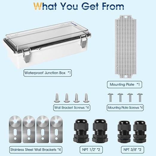 Waterproof Outdoor Project ABS Plastic Junction Box IP67 Weatherproof Dustproof Enclosure with Hinged Cover, Mounting Plate,Wall Brackets for Power Project (Clear,10.2"x4.3"x3.0")