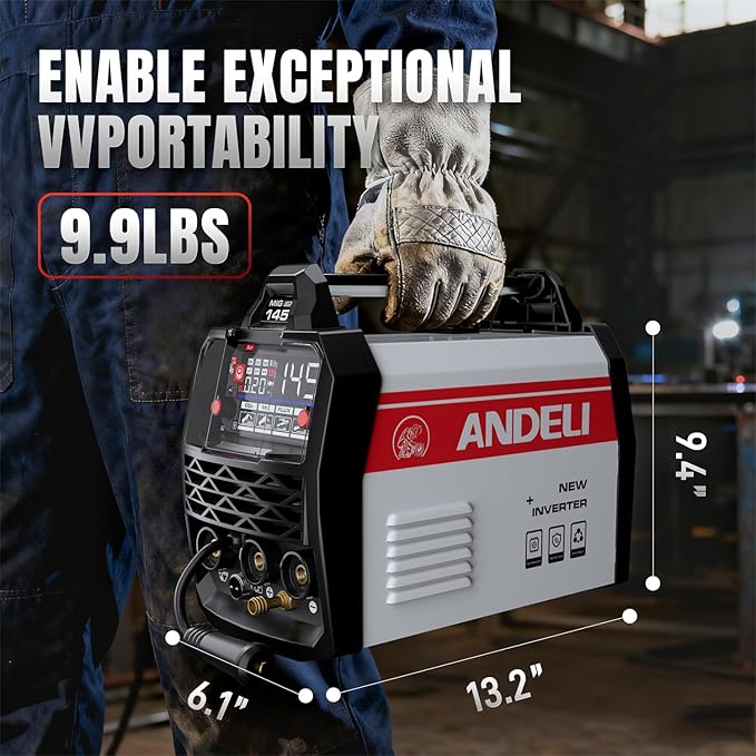 ANDELI 145Amp MIG Welder 110V/220V Dual Voltage, Portable Gas Welder Gas MIG/Flux MIG/Lift Tig/Stick 4-in-1 Multiprocess Welder LED Digital Display Welding Machine IGBT Inverter Welder