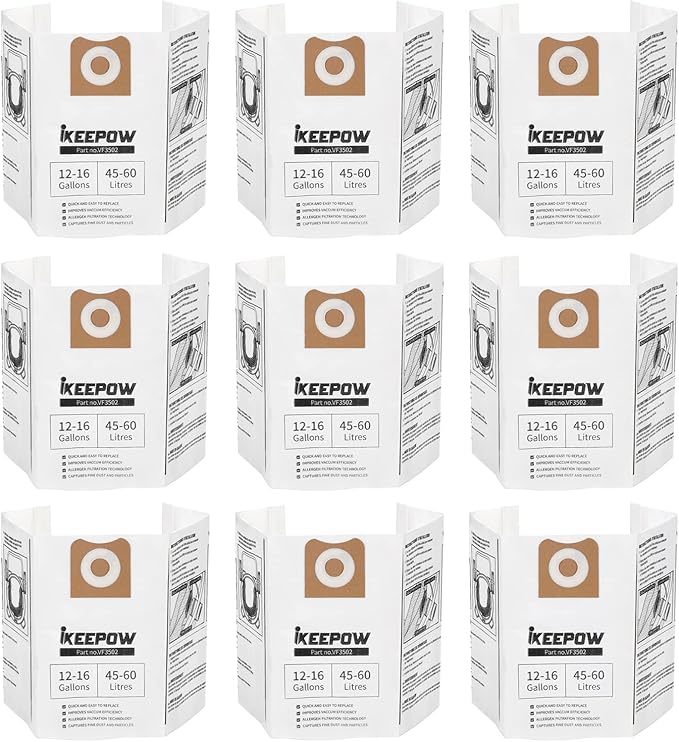 VF3502 Shop Vac Bags Compatible with Ridgid Wet Dry Vacuum, 12-16 Gallon High Efficiency Dust Bags (9 Pack)