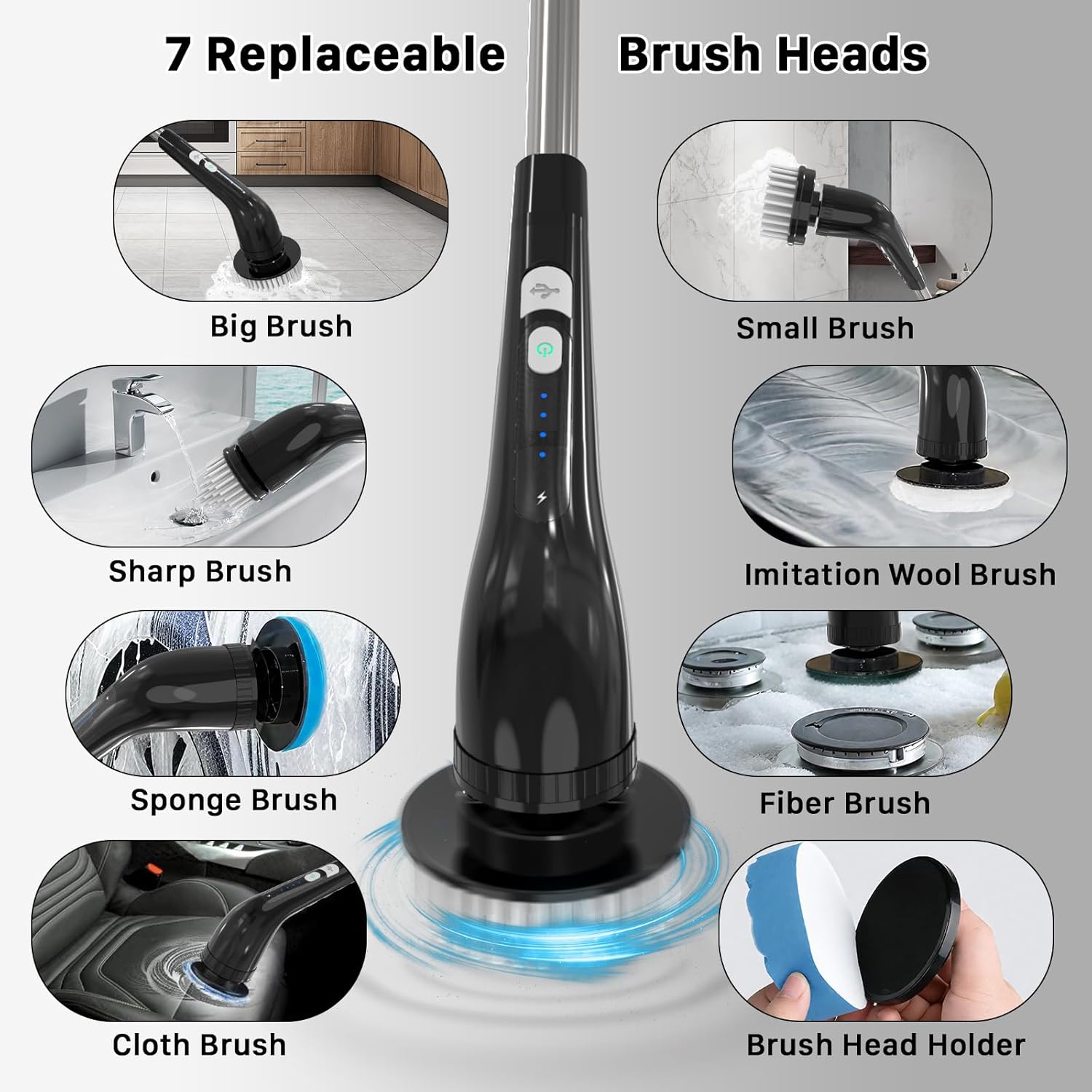 Electric Spin Scrubber, Cordless Cleaning Brush, Shower Scrubber with 7 Replaceable Brush, 2 Speeds and Adjustable Extension Handle for Bathroom Shower Bathtub Glass Car(Black)