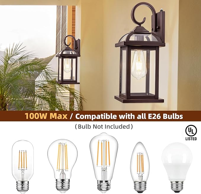 Dusk to Dawn Outdoor Lighting Oil Rubbed Bronze 2-Pack, 15 Inch Aluminum Anti-Rust Front Porch Lights with IP65 Clear Tempered Glass Exterior Light Fixtures for House Brown Carriage Lights