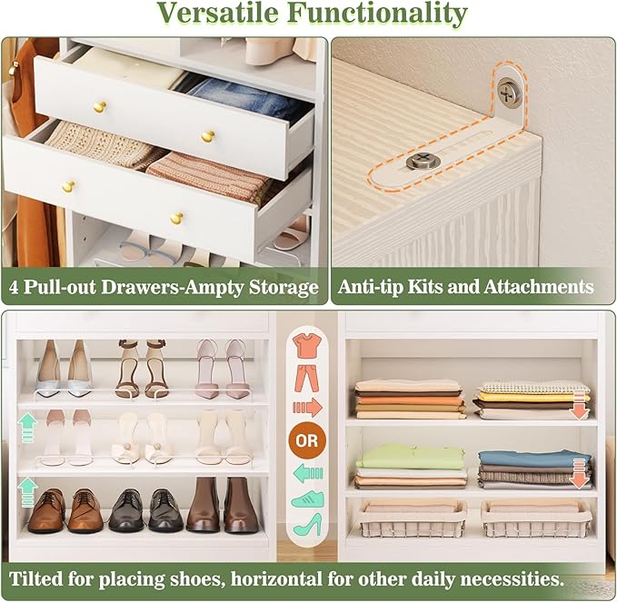 Closet System, Up to 128.6"/10.7 FT Closet Organizer with 4 Wooden Drawers and Shelves, Walk-in Closet System with 6 Hanging Rods, Built-in Closet Can Fit 96"/8FT, 120"/10FT, White