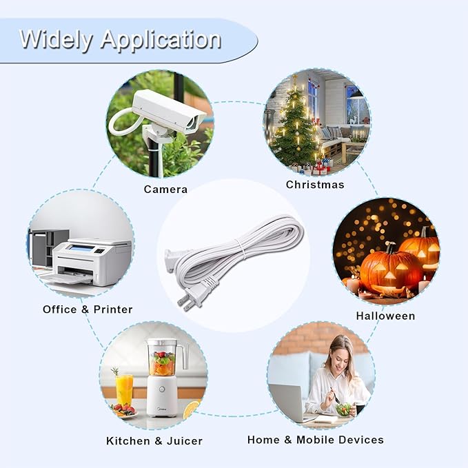 8-Pack Extension Cord 2 Prong,10FT Long Cords Extension for Indoor/Outdoor,US Male/Female Power Cable for NEMA 1-15P to NEMA 1-15R,White