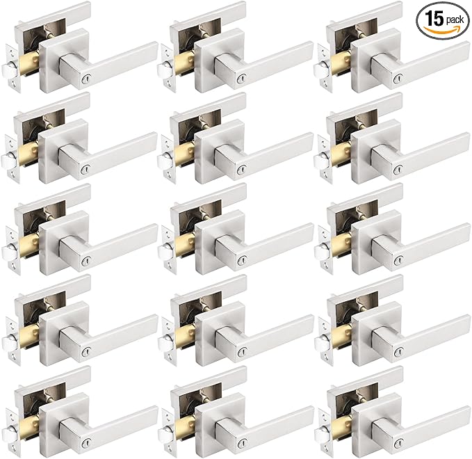 Gobrico 15 Pack Satin Nickel Square Door Levers with Privacy Lock,for Bedroom and Bathrom,Zinc Alloy Made Heavy Duty