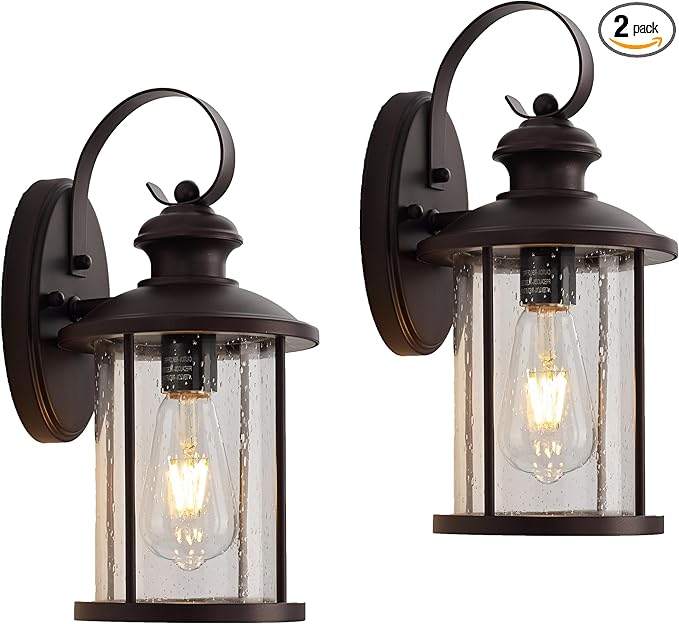MICSIU 2 Pack Outdoor Wall Lantern Lights, 13.75 Inch Outside Porch Light Fixture with Clear Seedy Glass, Oil Rubbed Bronze Exterior Wall Lights for House, Front Door, Entryway, Pathway