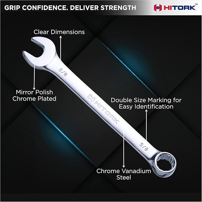 Hitork 11 Piece Combination Wrench Set with Roll Pouch, SAE Sizes (1/4" - 7/8"), Drop Forged Cr-V Steel, Chrome Plated Mirror Finish, 12 Point Box End, 15° Offset, Exceeds ANSI Standards