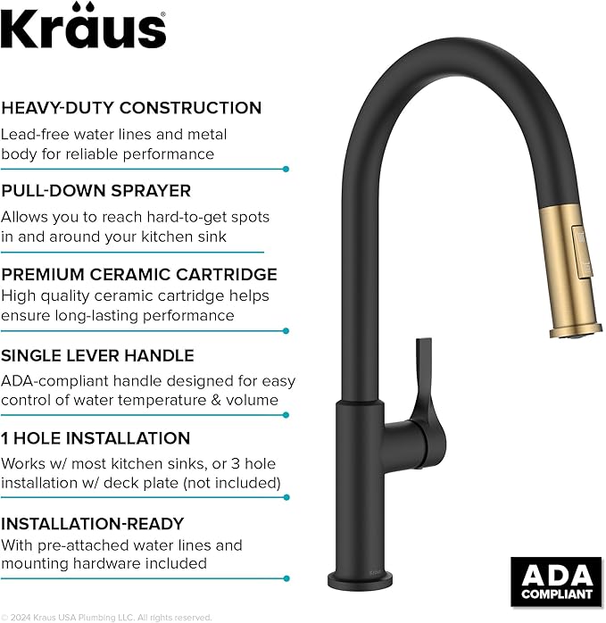 KRAUS Torak Pull Down Kitchen Faucet in Spot-Free Brushed Brass/Matte Black with 2 Function Sprayer, Pre-Attached Water Lines, and Mounting Hardware, KPF-2840SFBBMB